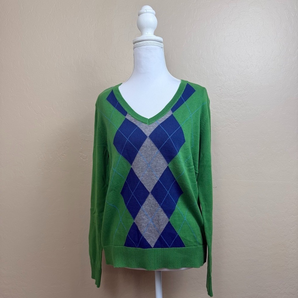 IZOD Womens Large Green Argyle Sweater V Neck Preppy Long Sleeve Pullover